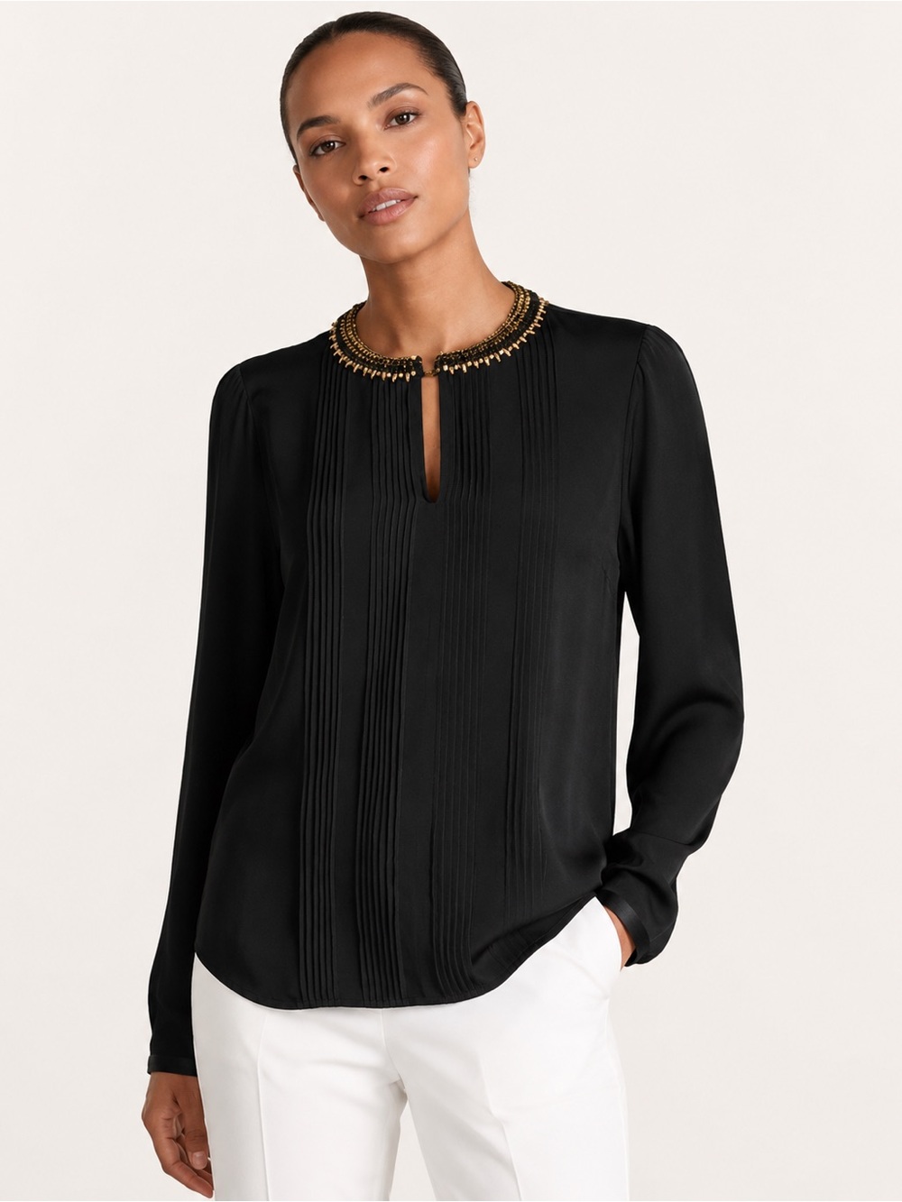 Elie Tahari Sima Silk Blouse Black Beaded Keyhole Top Medium